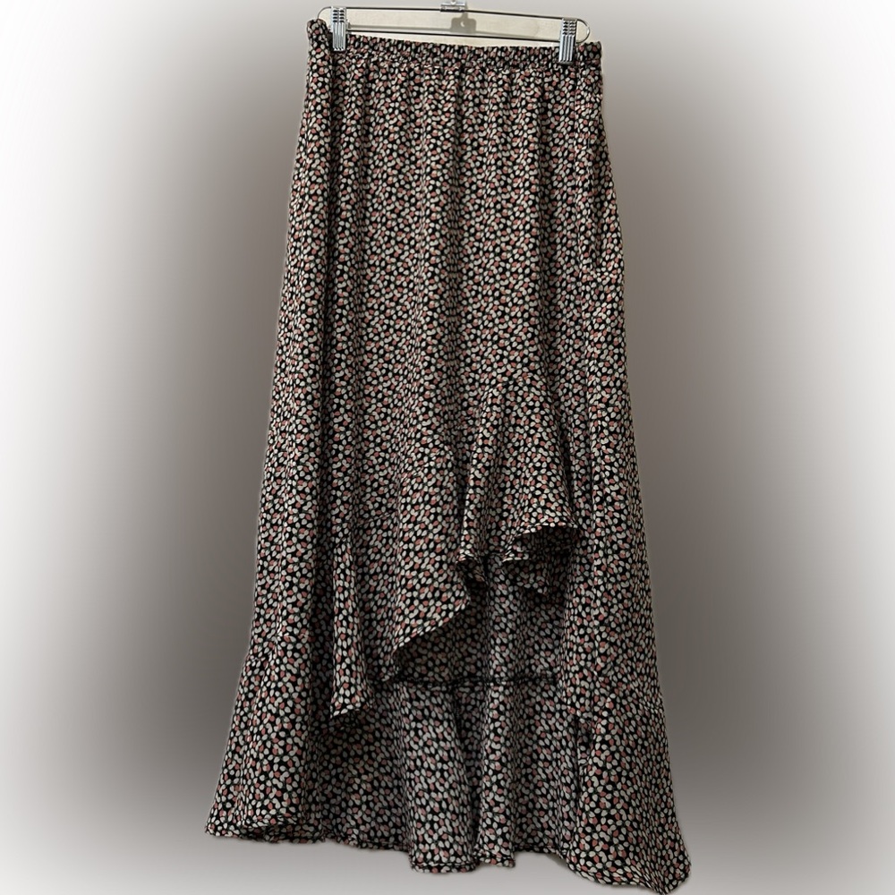 Max Studio High-Low Floral Print Boho Prairie Western Ruffle Midi Skirt. Size L